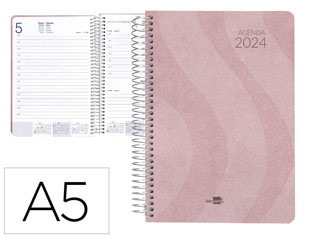 AGENDA ESPIRAL LIDERPAPEL SYROS 15X21 CM 2024 DIA PAGINA SIMPLE ESPIRAL COLOR ROSA PAPEL 60 GR