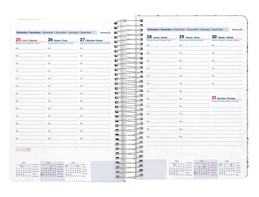 AGENDA ESPIRAL LIDERPAPEL PERISSA A5 2024 SEMANA VISTA PAPEL 80 GR DISEO SQUARE