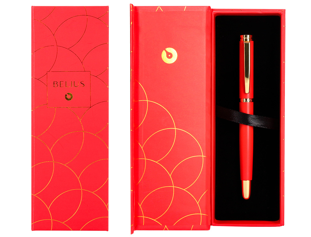 BOLIGRAFO BELIUS PASSION DOR ALUMINIO TEXTURA CEPILLADA COLOR ROJO Y DORADO TINTA AZUL CAJA DE DISEO