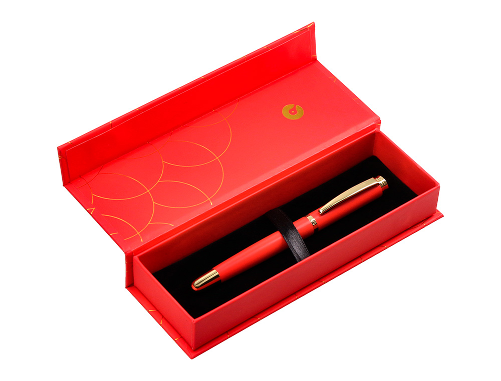 BOLIGRAFO BELIUS PASSION DOR ALUMINIO TEXTURA CEPILLADA COLOR ROJO Y DORADO TINTA AZUL CAJA DE DISEO