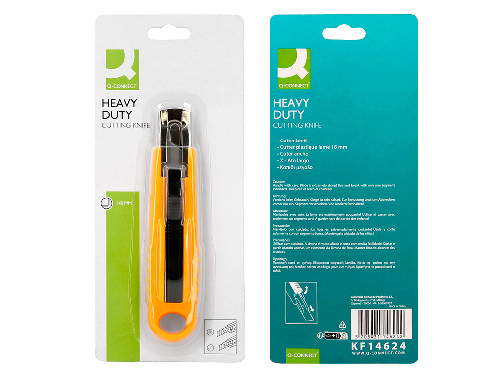 CUTER Q-CONNECT PLASTICO ANCHO DE SEGURIDAD RETRACTIL Y CON ASA PARA COLGAR CUCHILLA 18 MM XD-123 BLISTER 1 UNIDAD