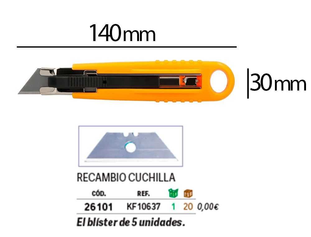 CUTER Q-CONNECT PLASTICO ANCHO DE SEGURIDAD RETRACTIL Y CON ASA PARA COLGAR CUCHILLA 18 MM XD-123 BLISTER 1 UNIDAD