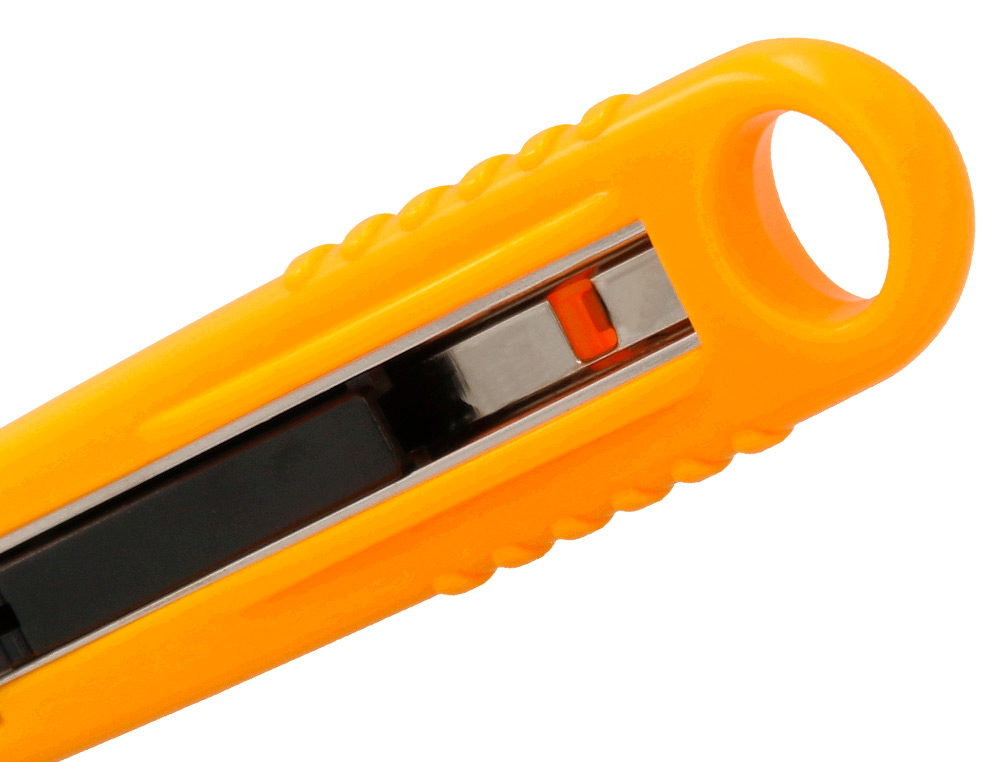 CUTER Q-CONNECT PLASTICO ANCHO DE SEGURIDAD RETRACTIL Y CON ASA PARA COLGAR CUCHILLA 18 MM XD-123 BLISTER 1 UNIDAD