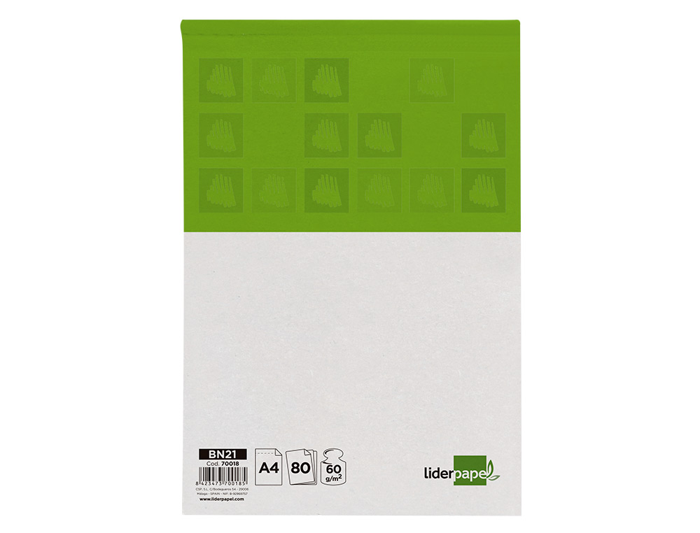 BLOC NOTAS LIDERPAPEL CUADRO 4 MM A4 80 HOJAS 60 G/M2 PERFORADO SIN TAPA
