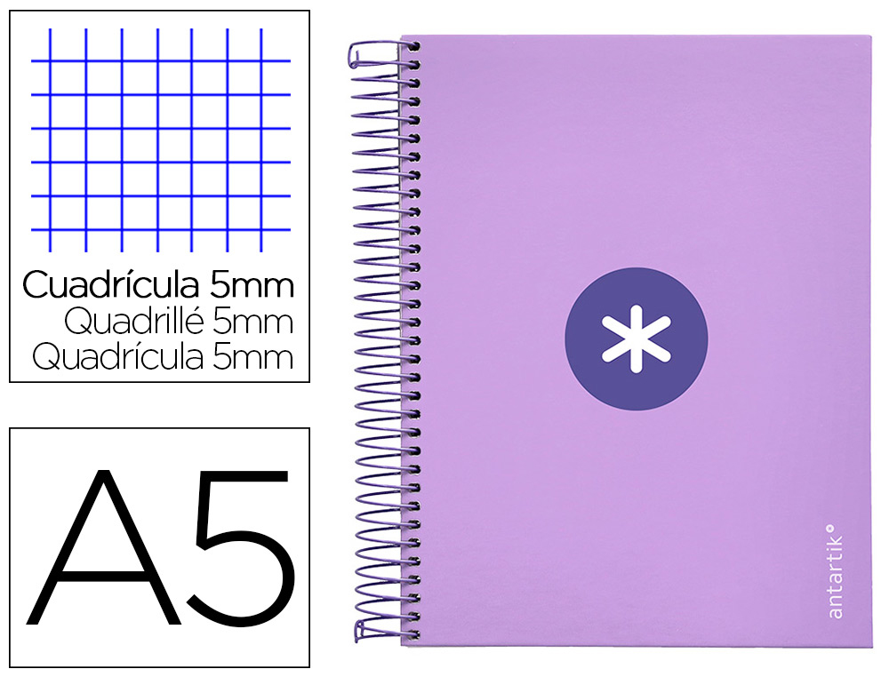 CUADERNO ESPIRAL LIDERPAPEL A5 MICRO ANTARTIK TAPA FORRADA120H 90 GR CUADRO 5MM 5 BANDA 6 TALADROS COLOR LAVANDA