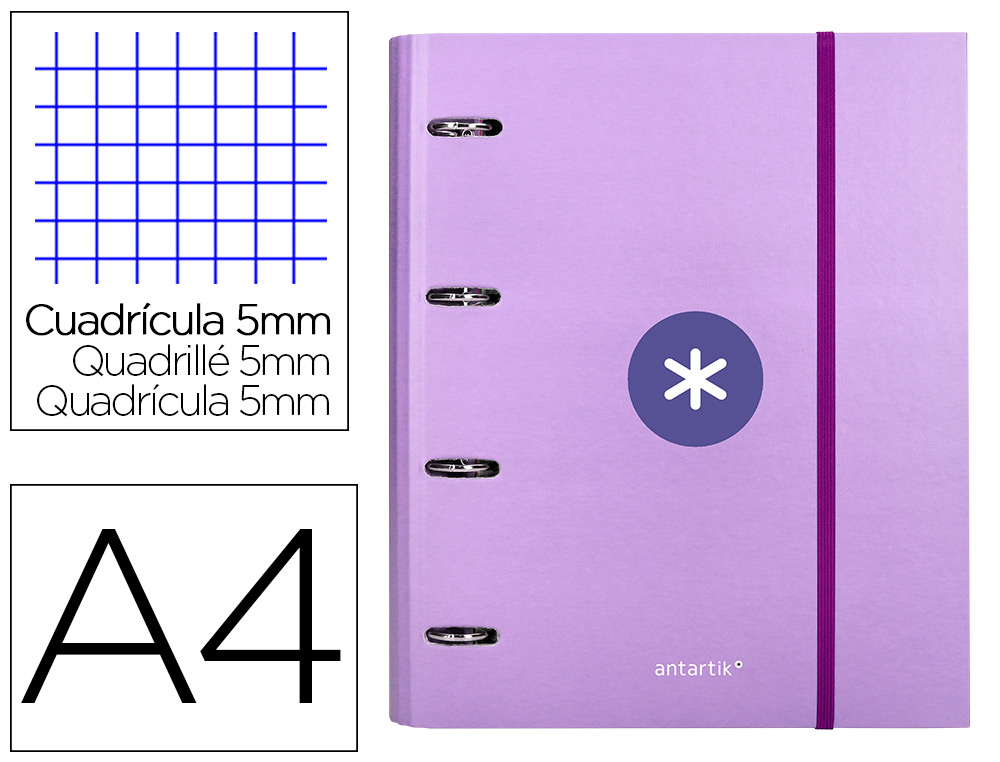 CARPETA CON RECAMBIO LIDERPAPEL ANTARTIK A4 CUADRO 5MM FORRADA 4 ANILLAS 40MM REDONDAS COLOR LAVANDA