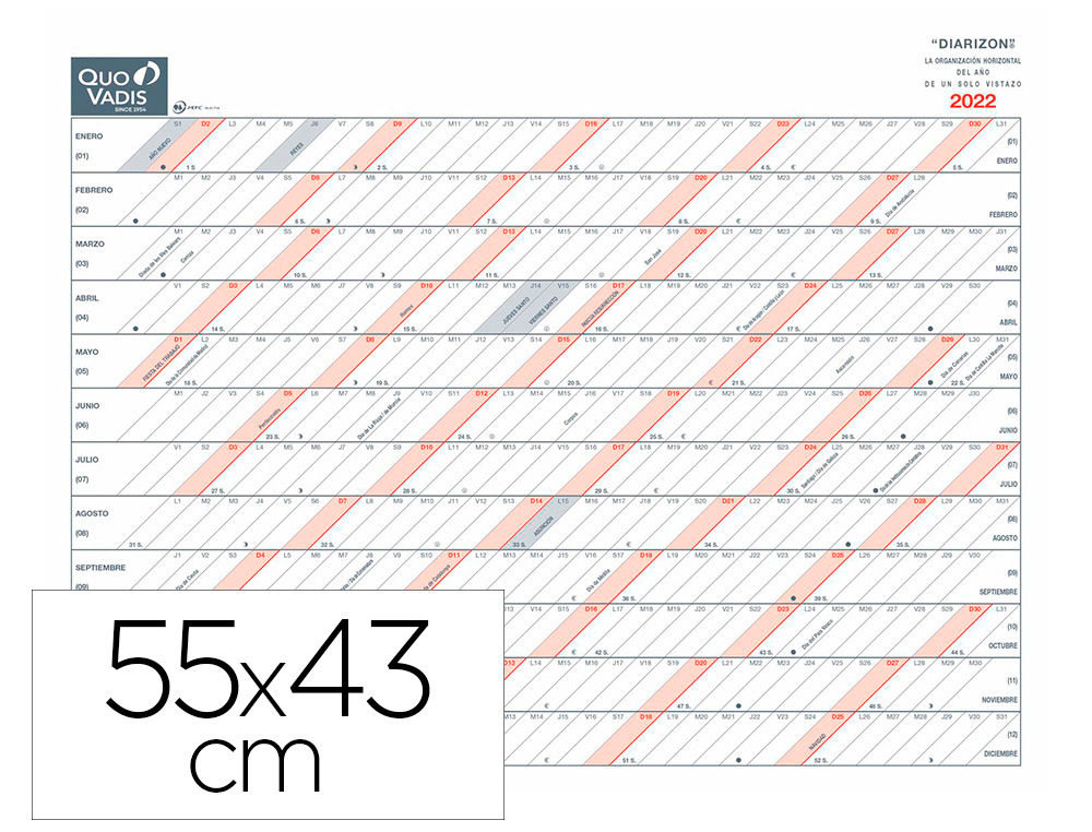 CALENDARIO QUO VADIS DIARIZON SP 55X43 CM AO VISTA RAYADO HORIZONTAL
