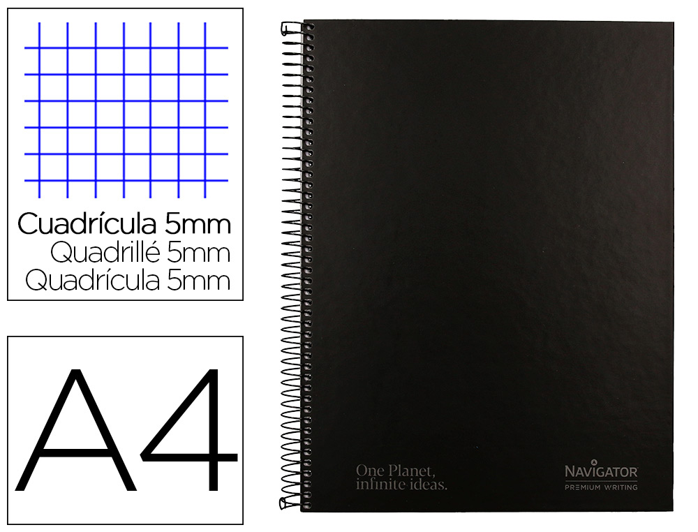 CUADERNO ESPIRAL NAVIGATOR A4 MICRO TAPA FORRADA 120H 80GR CUADRO 5MM 5 BANDAS 4 TALADROS COLOR NEGRO