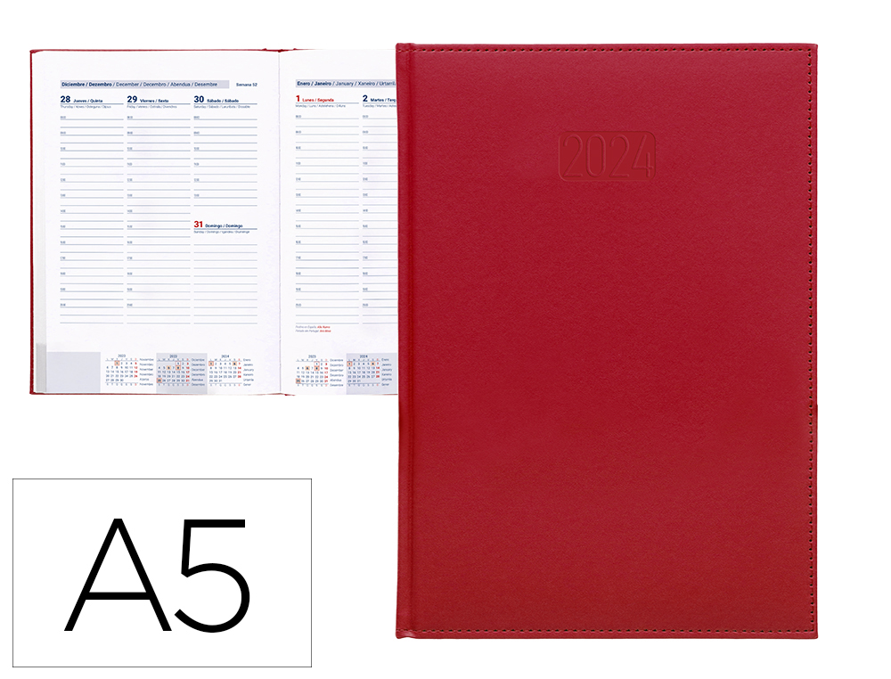 AGENDA ENCUADERNADA LIDERPAPEL CRETA 15X21 CM 2024 SEMANA VISTA COLOR ROJO PAPEL 70 GR
