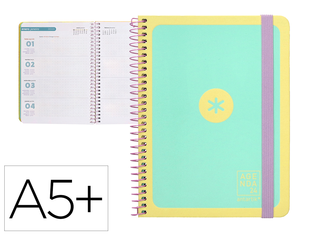AGENDA DE OFICINA ANTARTIK A5+ 2024 SEMANA VISTA 80 GR CON SOBRE Y 3 HOJAS PEGATINAS MINT165X215 MM