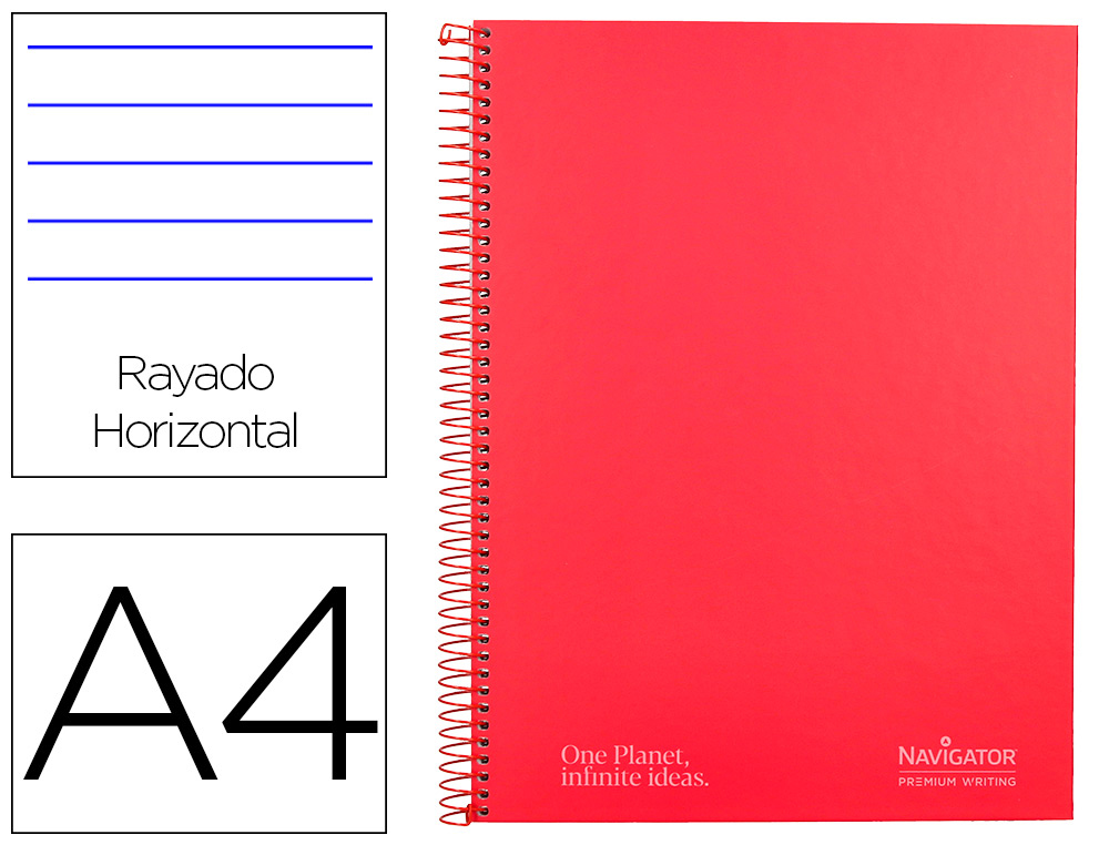 CUADERNO ESPIRAL NAVIGATOR A4 MICRO TAPA FORRADA 80H 80GR HORIZONTAL 1 BANDA COLOR ROJO