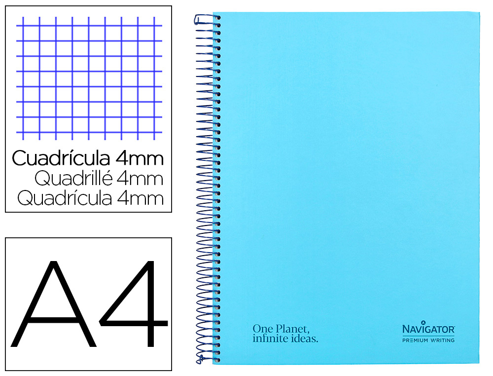 CUADERNO ESPIRAL NAVIGATOR A4 TAPA DURA 80H 80GR CUADRO 4MM CON MARGEN AZUL CLARO