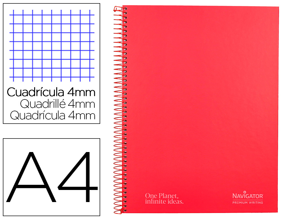 CUADERNO ESPIRAL NAVIGATOR A4 TAPA DURA 80H 80GR CUADRO 4MM CON MARGEN ROJO