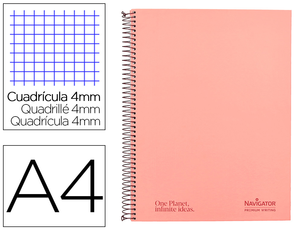 CUADERNO ESPIRAL NAVIGATOR A4 TAPA DURA 80H 80GR CUADRO 4MM CON MARGEN CORAL