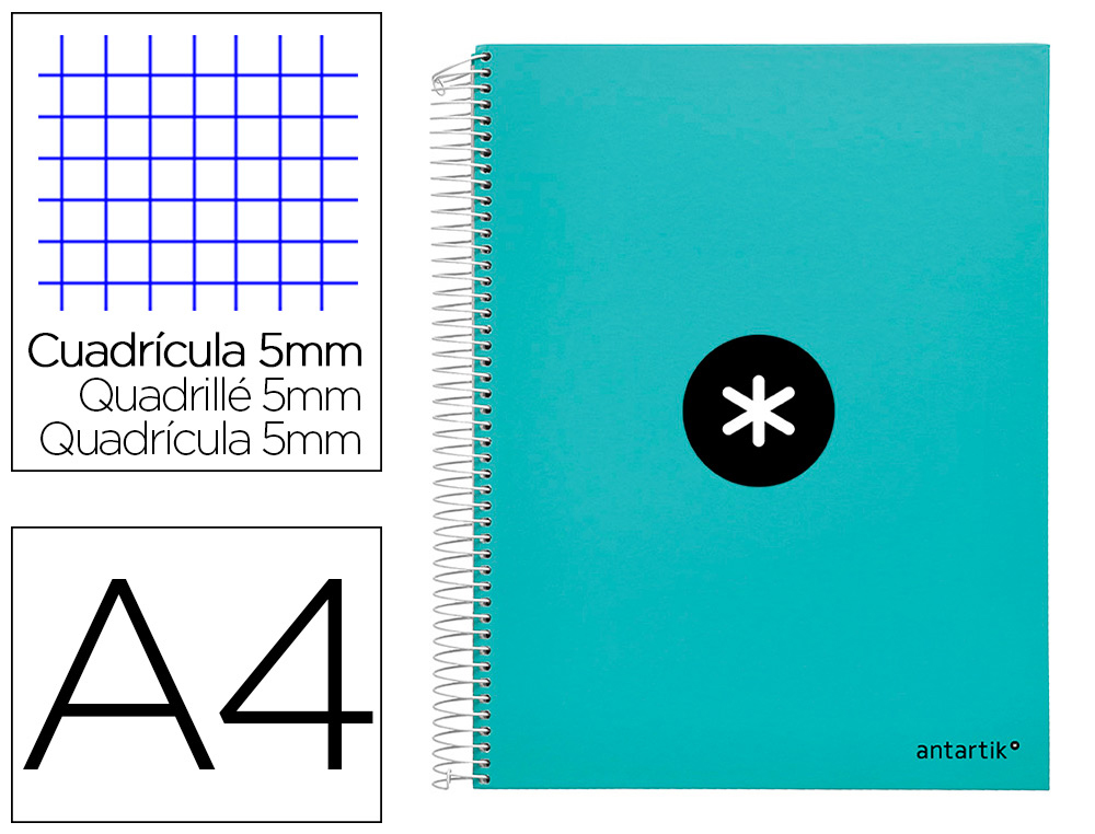 CUADERNO ESPIRAL LIDERPAPEL A4 MICRO ANTARTIK TAPA FORRADA120H 100 GR CUADRO 5MM 5 BANDA4 TALADROS COLOR MENTA