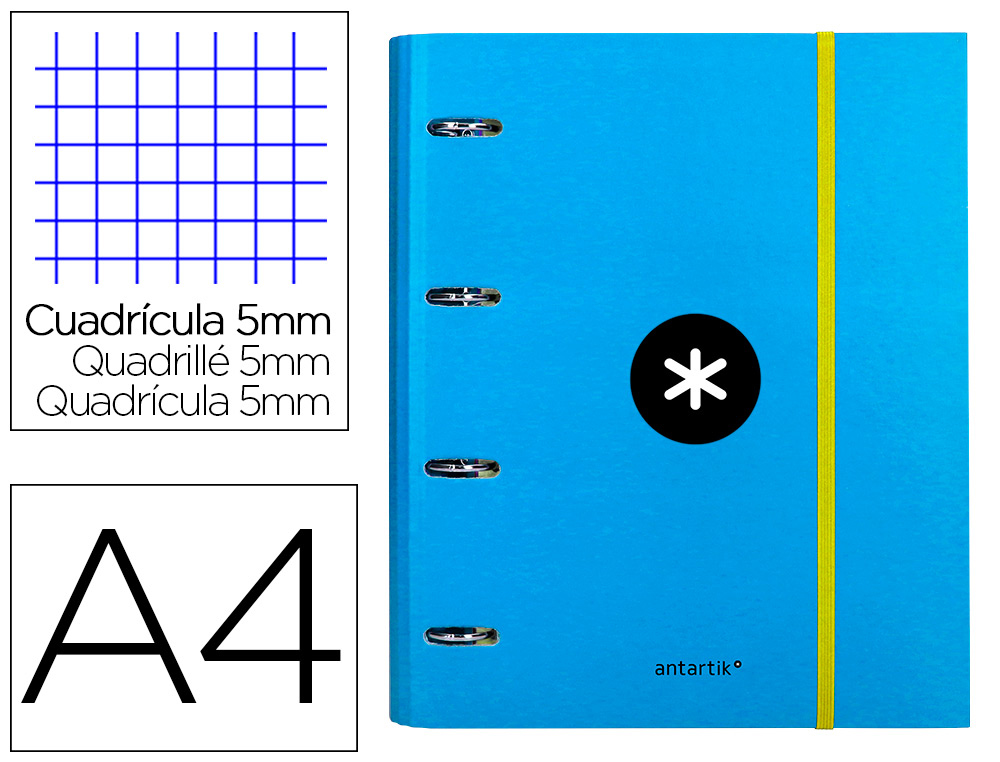 CARPETA CON RECAMBIO LIDERPAPEL ANTARTIK A4 CUADRO 5MM FORRADA 4 ANILLAS 40MM REDONDAS COLOR AZUL