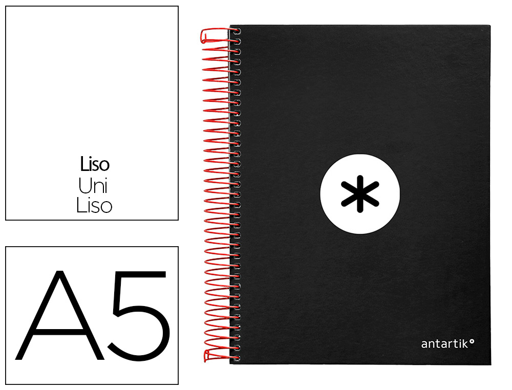 CUADERNO ESPIRAL LIDERPAPEL A5 MICRO ANTARTIK TAPA FORRADA 120H 90G LISO CON BANDAS 6 TALADROS COLOR NEGRO