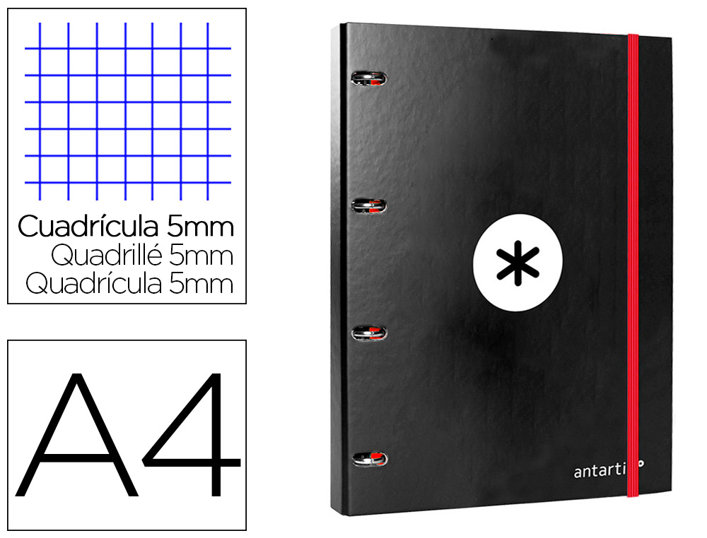 CARPETA CON RECAMBIO LIDERPAPEL ANTARTIK A4 CUADRO 5MM FORRADA 4 ANILLAS 25MM REDONDAS COLOR NEGRO