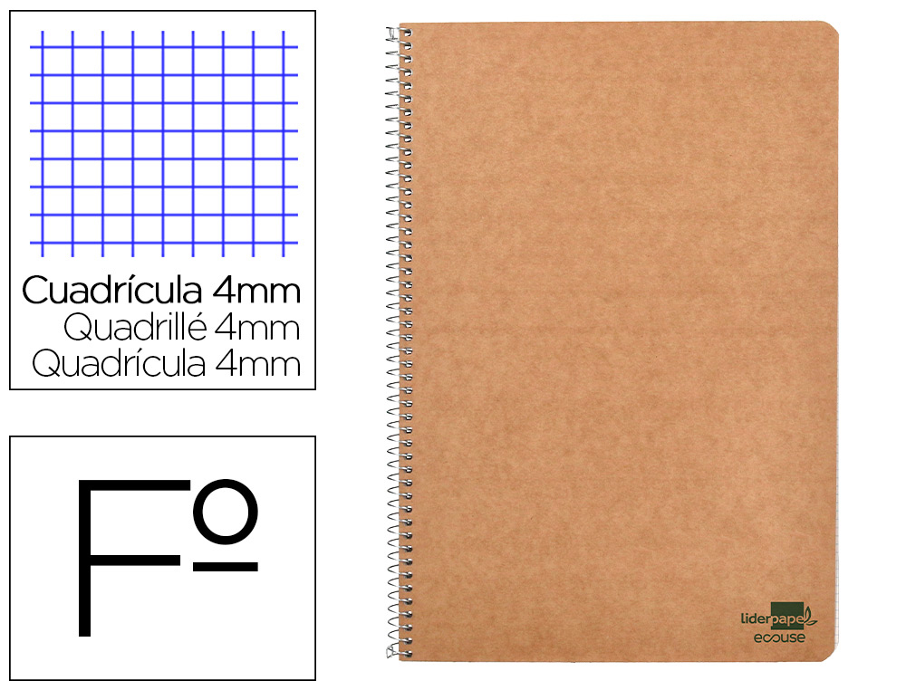 CUADERNO ESPIRAL LIDERPAPEL FOLIO ECOUSE TAPA CARTULINA KRAFT 80H PAPEL RECICLADO 80 GR CUADRO 4MM CON MARGEN